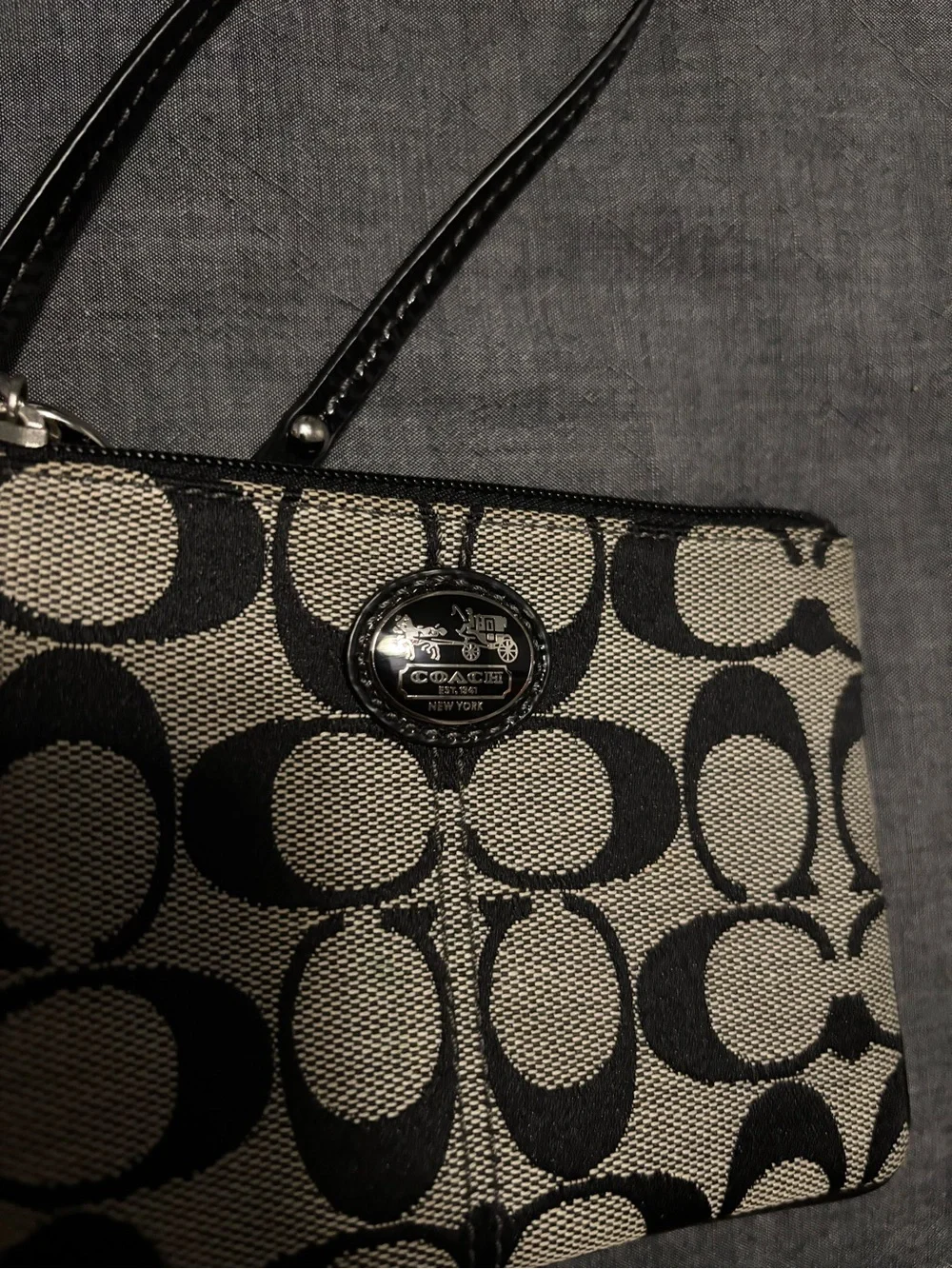 Coach Black and Grey Signature Card Wristlet with Detachable Strap